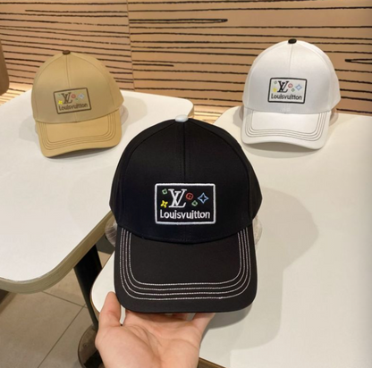 LOUIS VUITTON LV SQUARE PATCH CONTRAST STITCHING BASEBALL CAP – WHITE / BLACK / BEIGE – 1:1 HIGH END