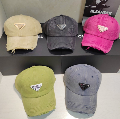 PRADA DISTRESSED DENIM BASEBALL CAP – BLACK / BEIGE / GRAY / PINK / GREEN – 1:1 HIGH END