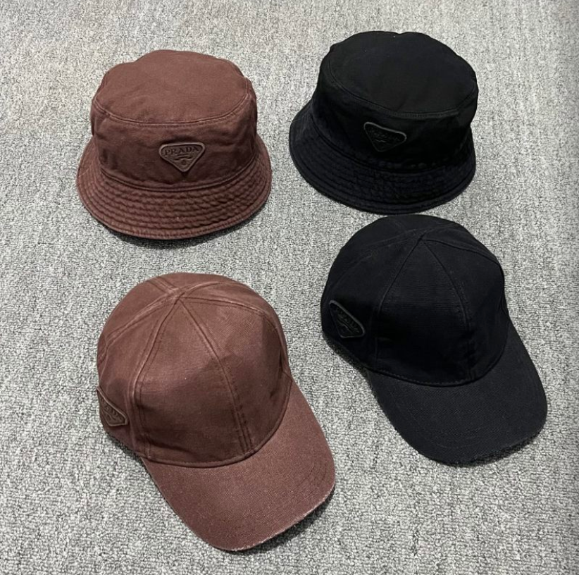 PRADA WASHED DENIM EMBROIDERED LOGO HEADWEAR – BASEBALL CAP & BUCKET HAT – COCOA BROWN / WASHED BLACK – 1:1 HIGH END