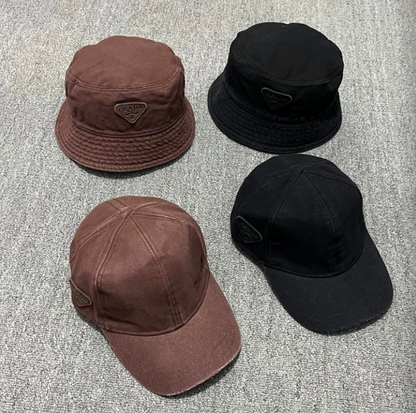 PRADA WASHED DENIM EMBROIDERED LOGO HEADWEAR – BASEBALL CAP & BUCKET HAT – COCOA BROWN / WASHED BLACK – 1:1 HIGH END