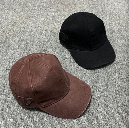 PRADA WASHED DENIM EMBROIDERED LOGO HEADWEAR – BASEBALL CAP & BUCKET HAT – COCOA BROWN / WASHED BLACK – 1:1 HIGH END