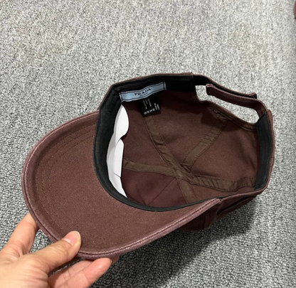 PRADA WASHED DENIM EMBROIDERED LOGO HEADWEAR – BASEBALL CAP & BUCKET HAT – COCOA BROWN / WASHED BLACK – 1:1 HIGH END