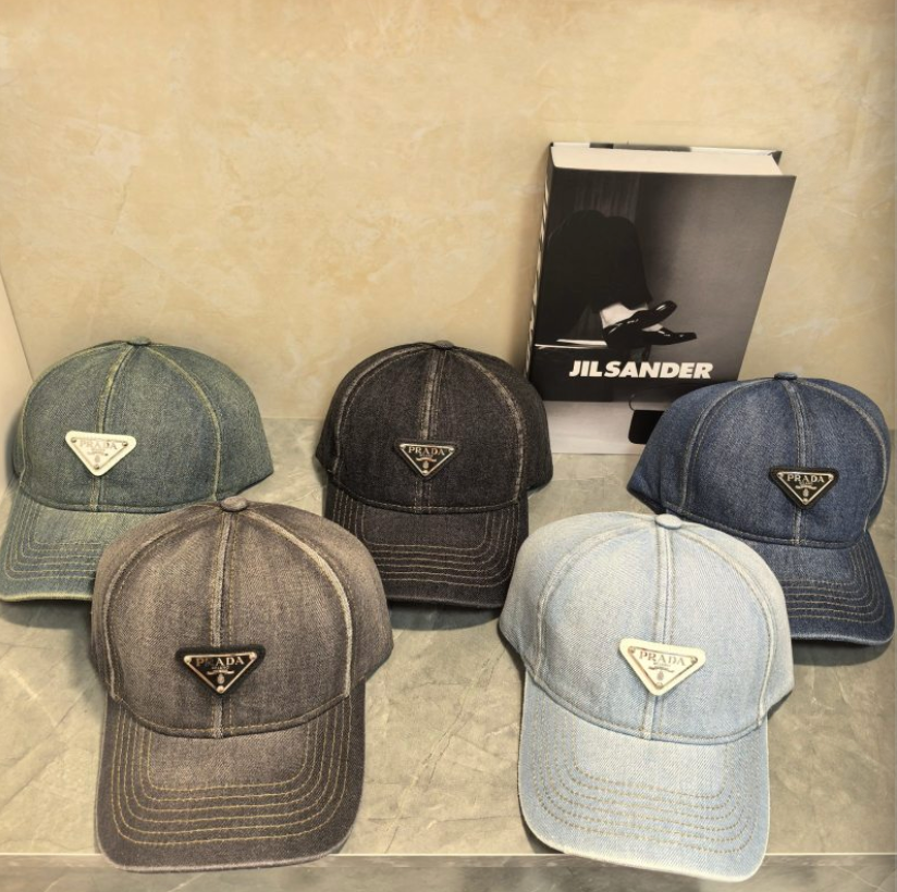 PRADA ORGANIC DENIM BASEBALL CAP – LIGHT GREENISH BLUE / DARK GREY BLACK / INDIGO / GREY / LIGHT WASHED BLUE – 1:1 HIGH END