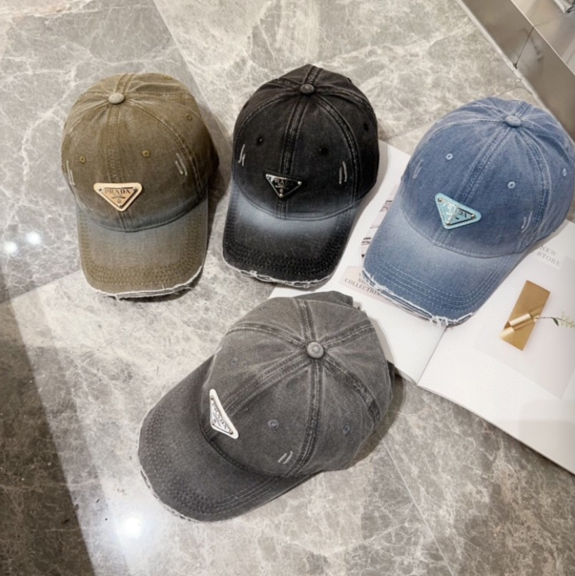 PRADA DISTRESSED DENIM TRIANGLE LOGO BASEBALL CAP – OLIVE / BLACK / BLUE / GREY – 1:1 HIGH END