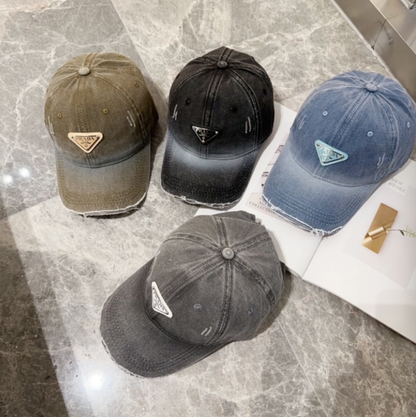 PRADA DISTRESSED DENIM TRIANGLE LOGO BASEBALL CAP – OLIVE / BLACK / BLUE / GREY – 1:1 HIGH END