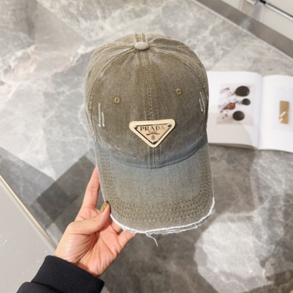 PRADA DISTRESSED DENIM TRIANGLE LOGO BASEBALL CAP – OLIVE / BLACK / BLUE / GREY – 1:1 HIGH END