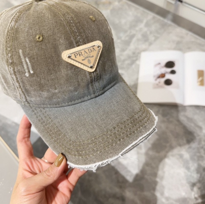 PRADA DISTRESSED DENIM TRIANGLE LOGO BASEBALL CAP – OLIVE / BLACK / BLUE / GREY – 1:1 HIGH END