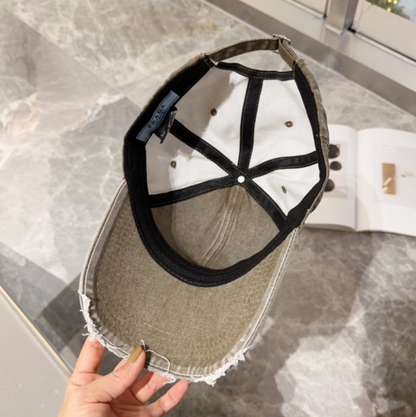 PRADA DISTRESSED DENIM TRIANGLE LOGO BASEBALL CAP – OLIVE / BLACK / BLUE / GREY – 1:1 HIGH END
