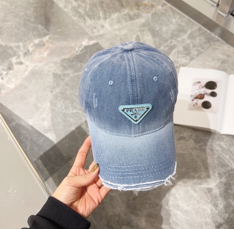 PRADA DISTRESSED DENIM TRIANGLE LOGO BASEBALL CAP – OLIVE / BLACK / BLUE / GREY – 1:1 HIGH END