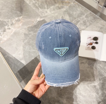 PRADA DISTRESSED DENIM TRIANGLE LOGO BASEBALL CAP – OLIVE / BLACK / BLUE / GREY – 1:1 HIGH END