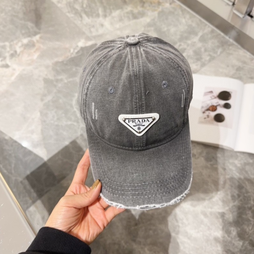PRADA DISTRESSED DENIM TRIANGLE LOGO BASEBALL CAP – OLIVE / BLACK / BLUE / GREY – 1:1 HIGH END