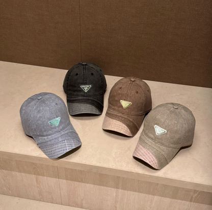 PRADA DISTRESSED DENIM TRIANGLE LOGO BASEBALL CAP – BLACK / BROWN / GREY / TAUPE – 1:1 HIGH END