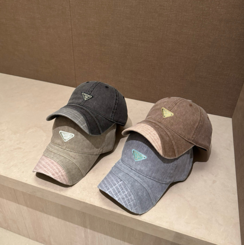 PRADA DISTRESSED DENIM TRIANGLE LOGO BASEBALL CAP – BLACK / BROWN / GREY / TAUPE – 1:1 HIGH END
