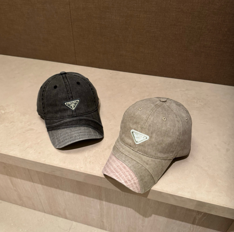 PRADA DISTRESSED DENIM TRIANGLE LOGO BASEBALL CAP – BLACK / BROWN / GREY / TAUPE – 1:1 HIGH END