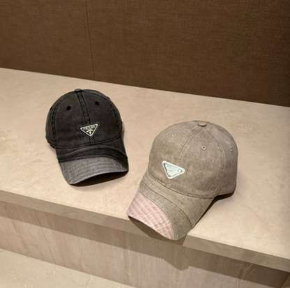PRADA DISTRESSED DENIM TRIANGLE LOGO BASEBALL CAP – BLACK / BROWN / GREY / TAUPE – 1:1 HIGH END