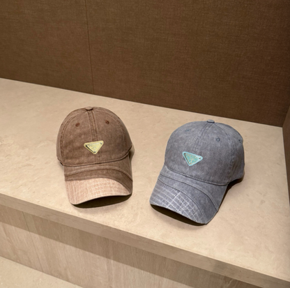 PRADA DISTRESSED DENIM TRIANGLE LOGO BASEBALL CAP – BLACK / BROWN / GREY / TAUPE – 1:1 HIGH END