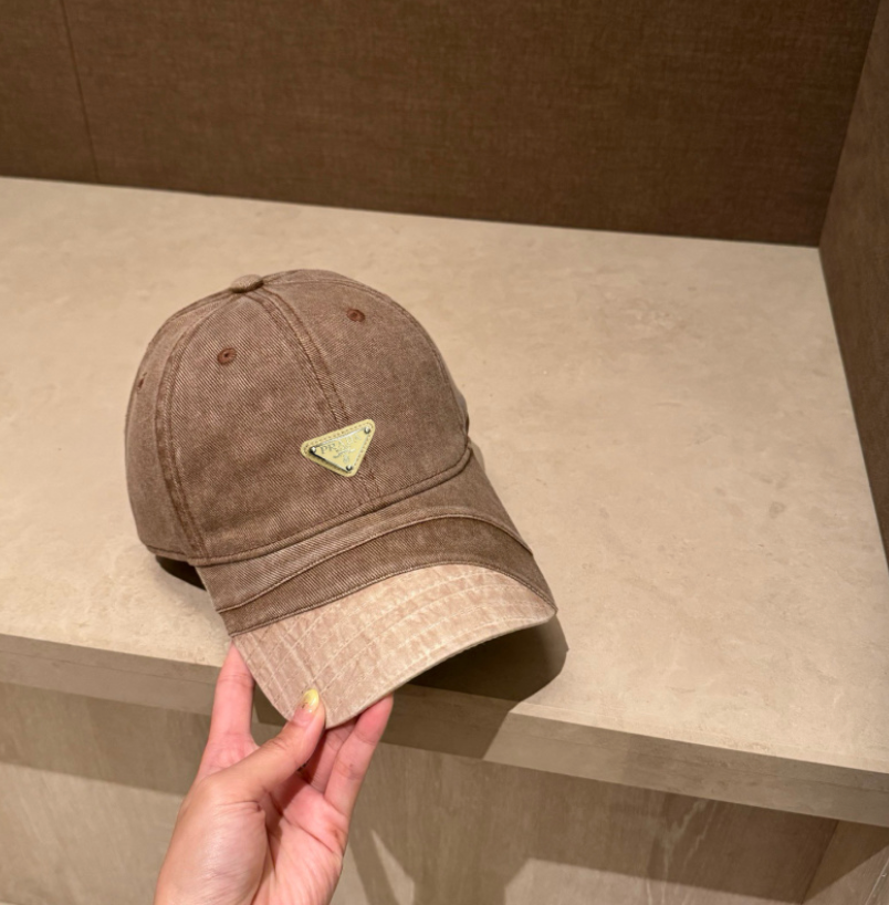 PRADA DISTRESSED DENIM TRIANGLE LOGO BASEBALL CAP – BLACK / BROWN / GREY / TAUPE – 1:1 HIGH END