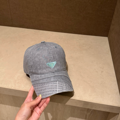 PRADA DISTRESSED DENIM TRIANGLE LOGO BASEBALL CAP – BLACK / BROWN / GREY / TAUPE – 1:1 HIGH END