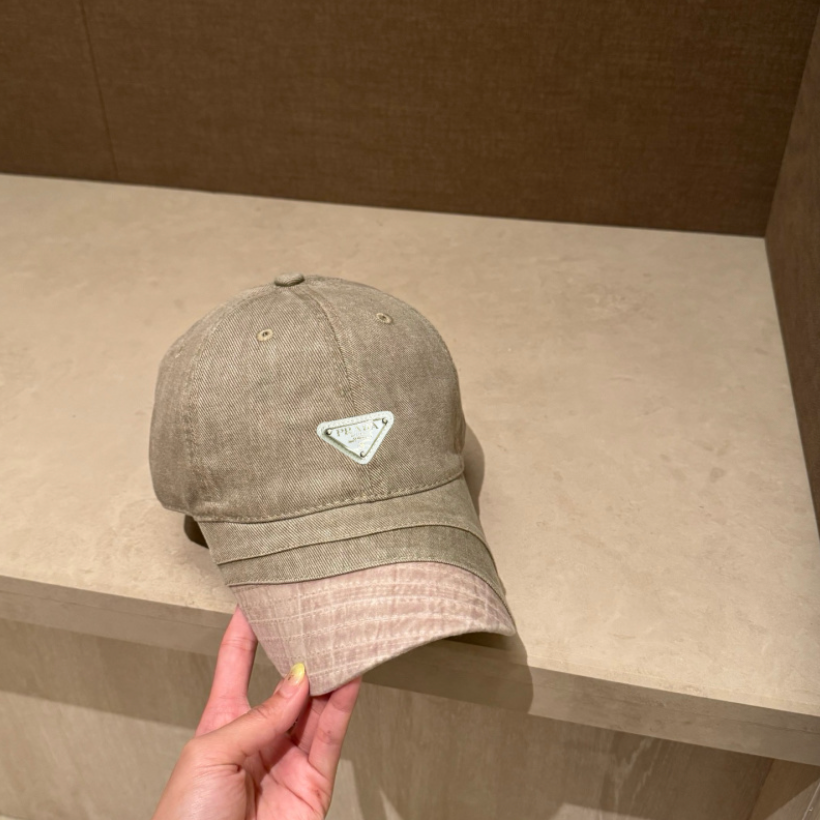 PRADA DISTRESSED DENIM TRIANGLE LOGO BASEBALL CAP – BLACK / BROWN / GREY / TAUPE – 1:1 HIGH END