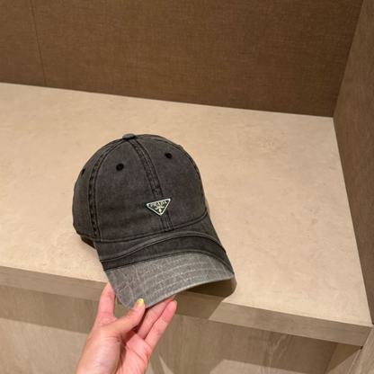 PRADA DISTRESSED DENIM TRIANGLE LOGO BASEBALL CAP – BLACK / BROWN / GREY / TAUPE – 1:1 HIGH END