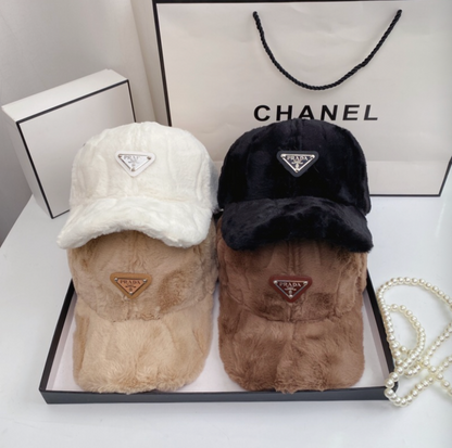 PRADA FUR TRIANGLE LOGO BASEBALL CAP – WHITE / BLACK / BEIGE / BROWN – 1:1 HIGH END