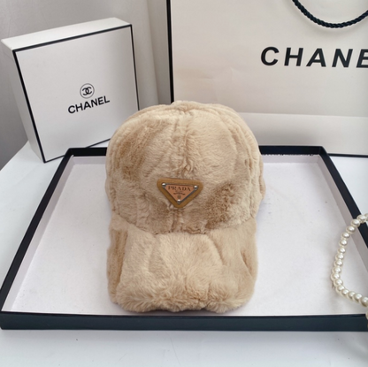 PRADA FUR TRIANGLE LOGO BASEBALL CAP – WHITE / BLACK / BEIGE / BROWN – 1:1 HIGH END