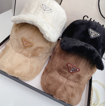 PRADA FUR TRIANGLE LOGO BASEBALL CAP – WHITE / BLACK / BEIGE / BROWN – 1:1 HIGH END