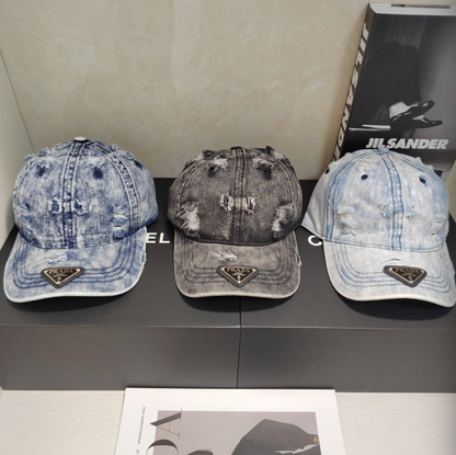 PRADA RIPPED DISTRESSED DENIM BASEBALL CAP – 1:1 HIGH END