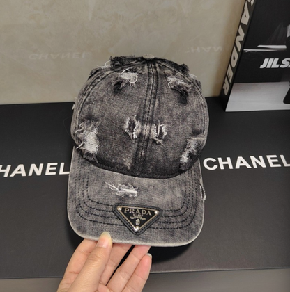 PRADA RIPPED DISTRESSED DENIM BASEBALL CAP – 1:1 HIGH END
