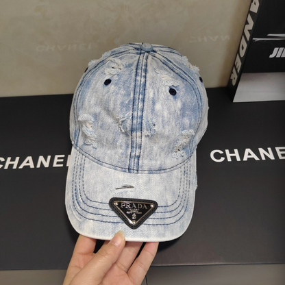 PRADA RIPPED DISTRESSED DENIM BASEBALL CAP – 1:1 HIGH END
