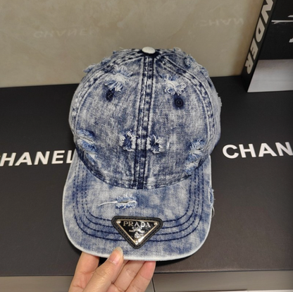 PRADA RIPPED DISTRESSED DENIM BASEBALL CAP – 1:1 HIGH END