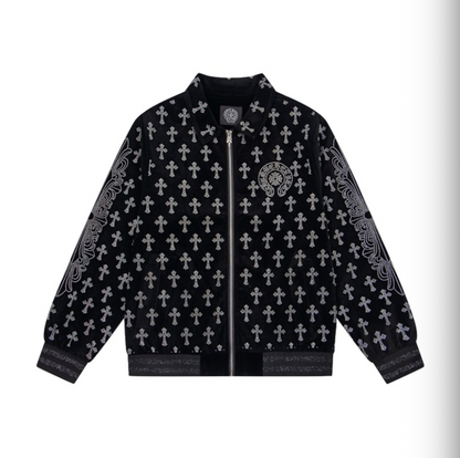 CHROME HEARTS CH 2026FW FULL LOGO STRASS EMBELLISHED VELOUR BASEBALL JACKET– 1:1 HIGH END