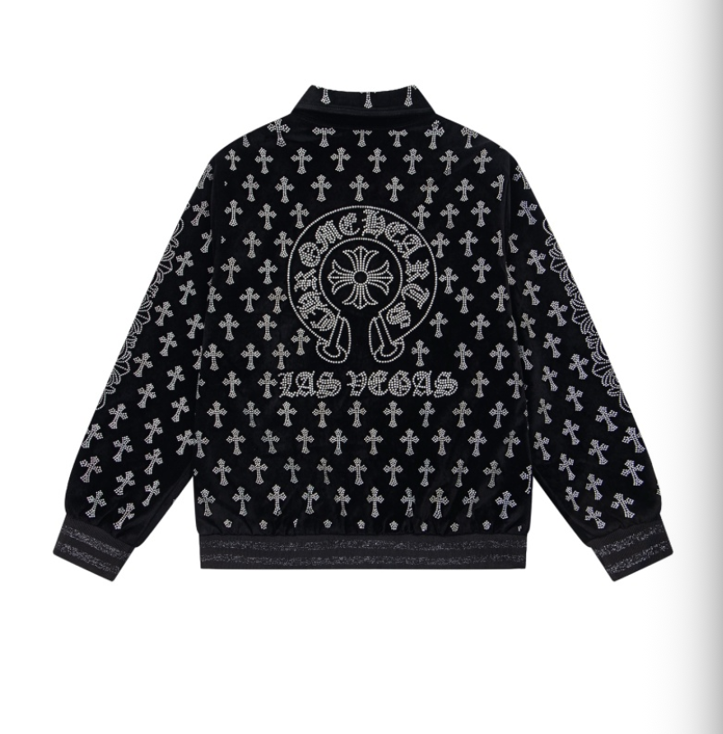 CHROME HEARTS CH 2026FW FULL LOGO STRASS EMBELLISHED VELOUR BASEBALL JACKET– 1:1 HIGH END