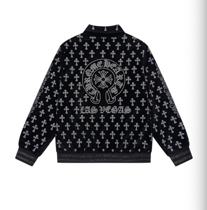 CHROME HEARTS CH 2026FW FULL LOGO STRASS EMBELLISHED VELOUR BASEBALL JACKET– 1:1 HIGH END