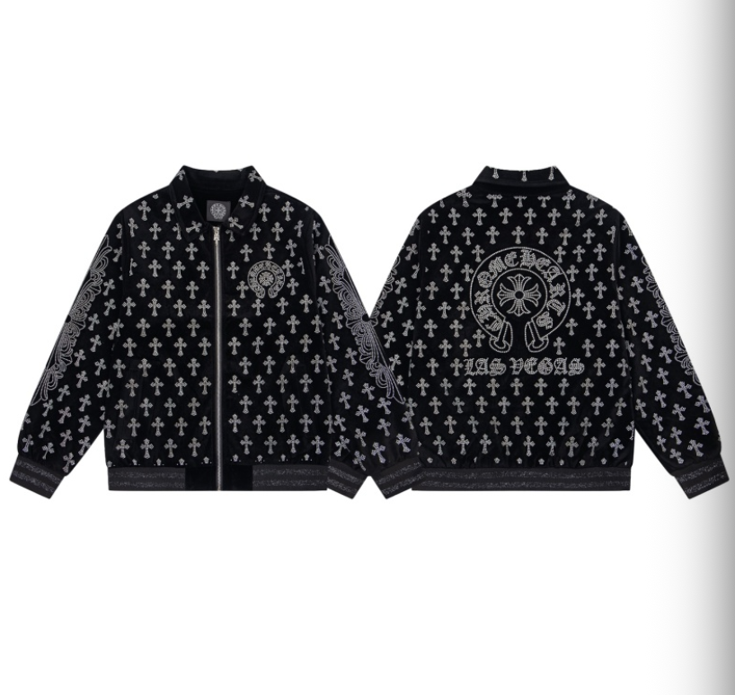 CHROME HEARTS CH 2026FW FULL LOGO STRASS EMBELLISHED VELOUR BASEBALL JACKET– 1:1 HIGH END