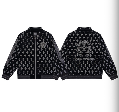 CHROME HEARTS CH 2026FW FULL LOGO STRASS EMBELLISHED VELOUR BASEBALL JACKET– 1:1 HIGH END