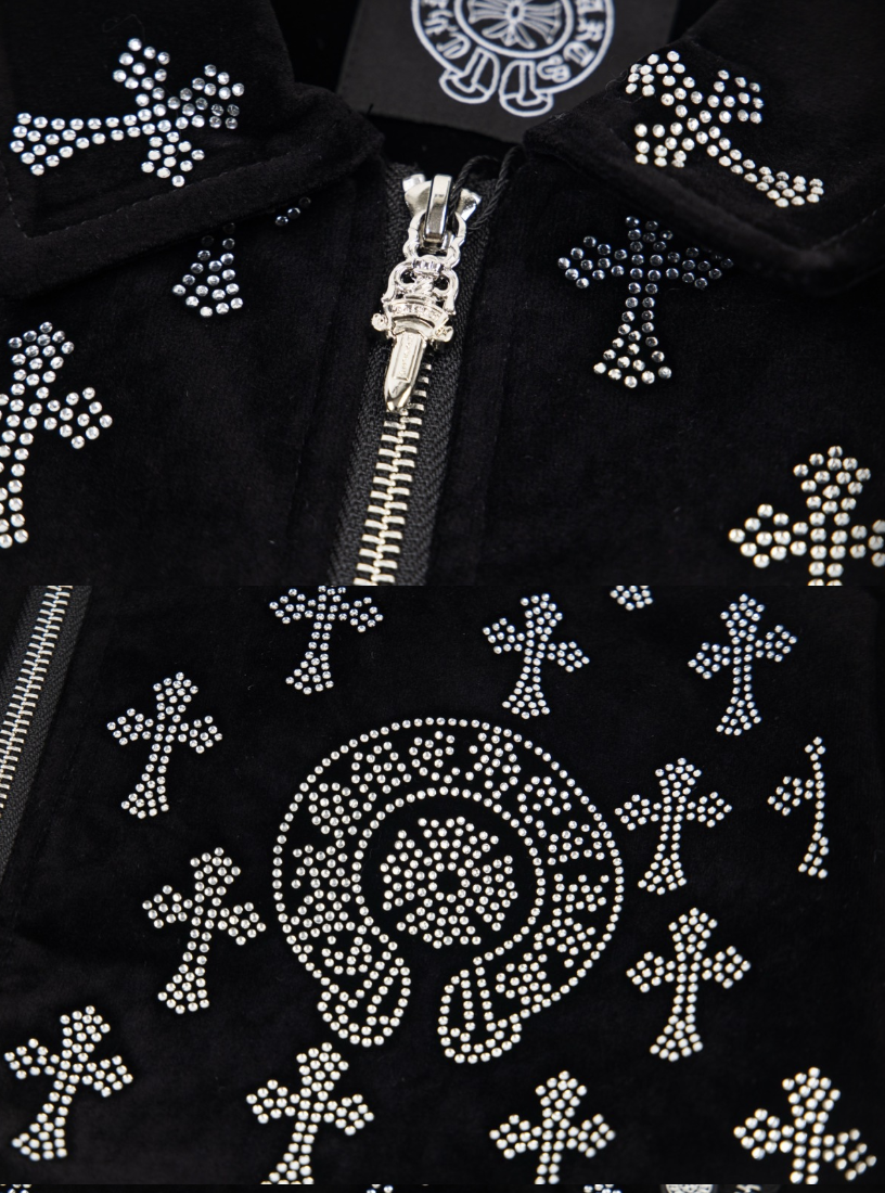 CHROME HEARTS CH 2026FW FULL LOGO STRASS EMBELLISHED VELOUR BASEBALL JACKET– 1:1 HIGH END