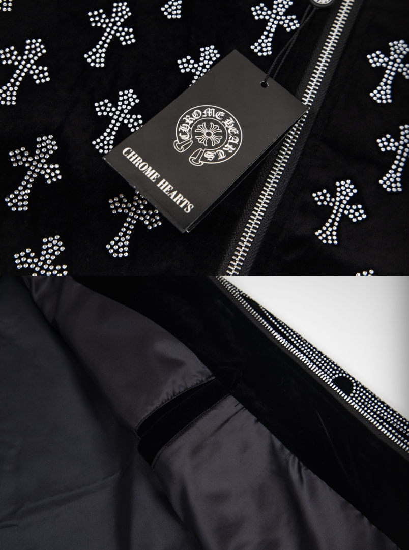 CHROME HEARTS CH 2026FW FULL LOGO STRASS EMBELLISHED VELOUR BASEBALL JACKET– 1:1 HIGH END