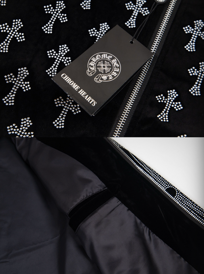 CHROME HEARTS CH 2026FW FULL LOGO STRASS EMBELLISHED VELOUR BASEBALL JACKET– 1:1 HIGH END