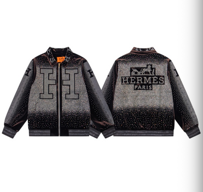 HERMES 2026FW ICONIC H LOGO STRASS EMBELLISHED VELOUR BASEBALL JACKET– 1:1 HIGH END