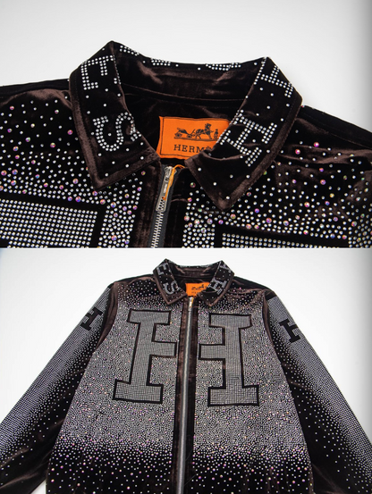 HERMES 2026FW ICONIC H LOGO STRASS EMBELLISHED VELOUR BASEBALL JACKET– 1:1 HIGH END