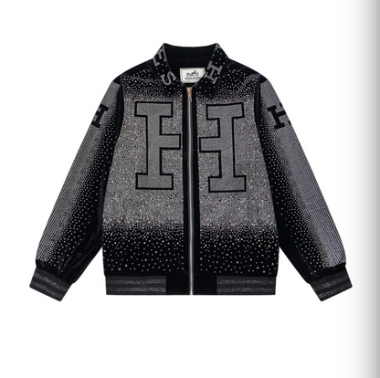 HERMES 2026FW ICONIC H LOGO STRASS EMBELLISHED VELOUR BASEBALL JACKET– 1:1 HIGH END