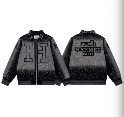 HERMES 2026FW ICONIC H LOGO STRASS EMBELLISHED VELOUR BASEBALL JACKET– 1:1 HIGH END