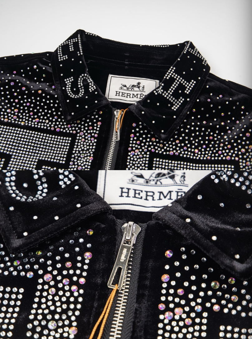 HERMES 2026FW ICONIC H LOGO STRASS EMBELLISHED VELOUR BASEBALL JACKET– 1:1 HIGH END