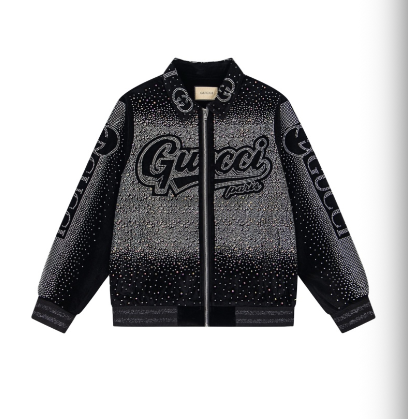 GUCCI 2026FW RETRO LOGO PARIS STRASS EMBELLISHED VELOUR BASEBALL JACKET – 1:1 HIGH END