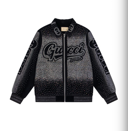 GUCCI 2026FW RETRO LOGO PARIS STRASS EMBELLISHED VELOUR BASEBALL JACKET – 1:1 HIGH END