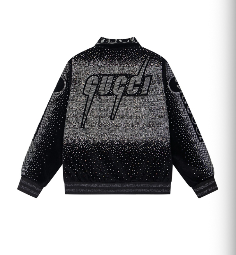 GUCCI 2026FW RETRO LOGO PARIS STRASS EMBELLISHED VELOUR BASEBALL JACKET – 1:1 HIGH END