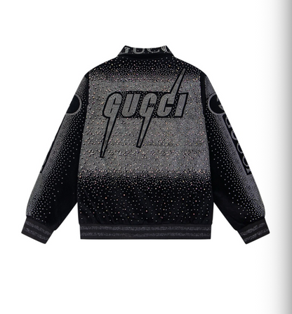 GUCCI 2026FW RETRO LOGO PARIS STRASS EMBELLISHED VELOUR BASEBALL JACKET – 1:1 HIGH END