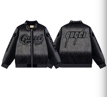 GUCCI 2026FW RETRO LOGO PARIS STRASS EMBELLISHED VELOUR BASEBALL JACKET – 1:1 HIGH END