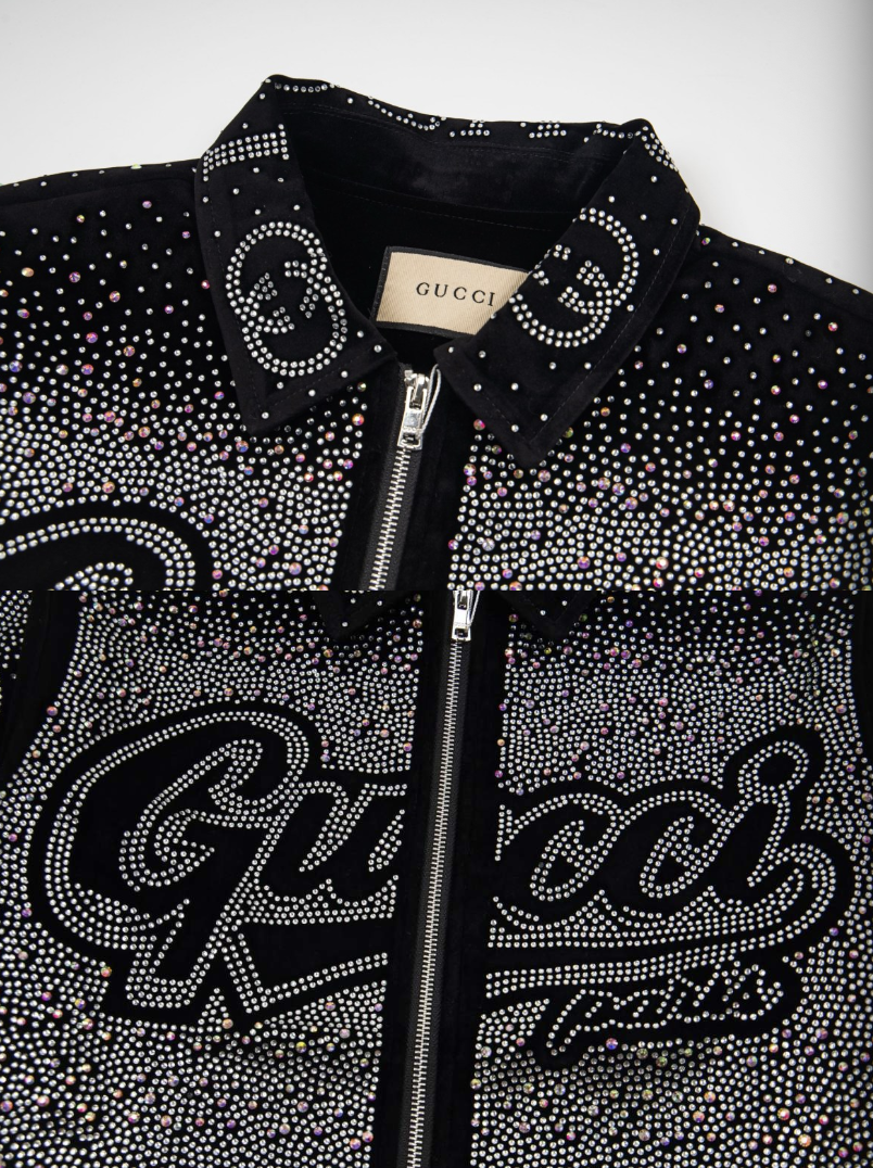 GUCCI 2026FW RETRO LOGO PARIS STRASS EMBELLISHED VELOUR BASEBALL JACKET – 1:1 HIGH END